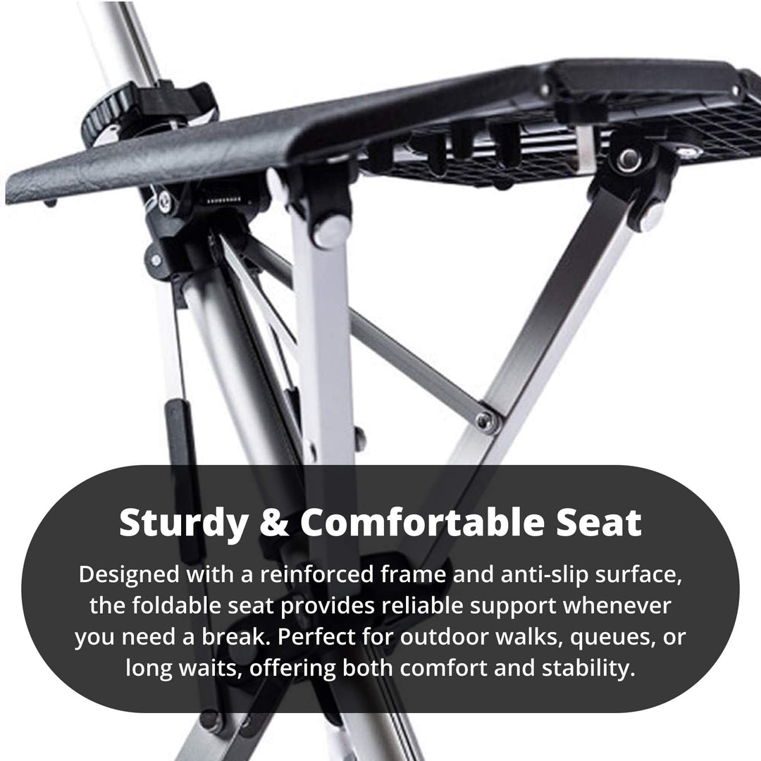 Black folding cane transforming into a stable seat, essential travel aid for those with limited endurance.