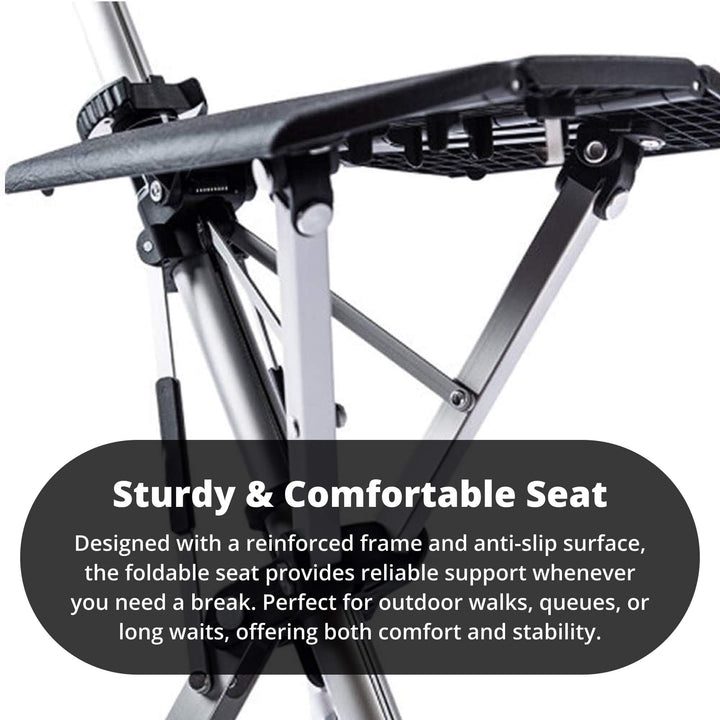 Black folding cane transforming into a stable seat, essential travel aid for those with limited endurance.
