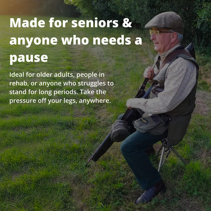 Compact mobility aid: an adjustable walking stick with a convenient integrated seat for on-the-go rest.