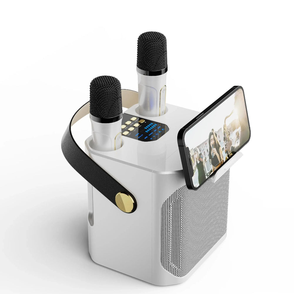 Portable karaoke machine with two wireless mics, surround sound, and Bluetooth connectivity.
