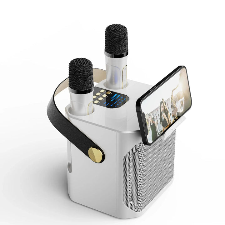 Portable karaoke machine with two wireless mics, surround sound, and Bluetooth connectivity.