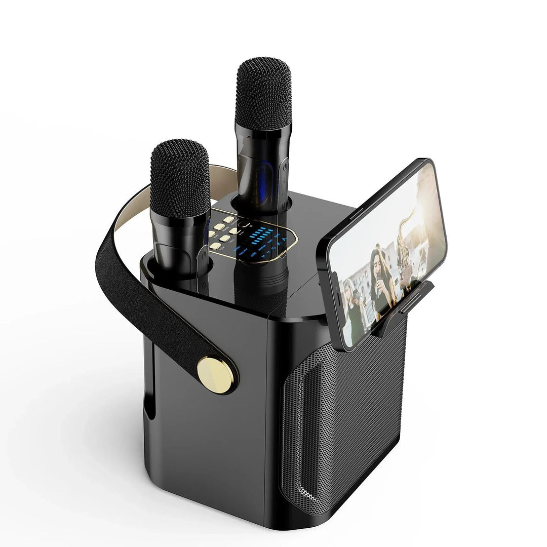 Enjoy home entertainment with this white portable karaoke speaker and wireless microphone system.