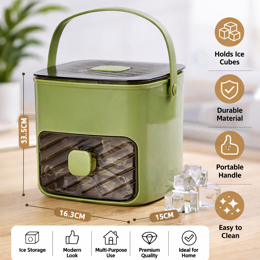 Portable khaki ice maker for home, office, or outdoor parties. Compact countertop appliance for quick drinks.