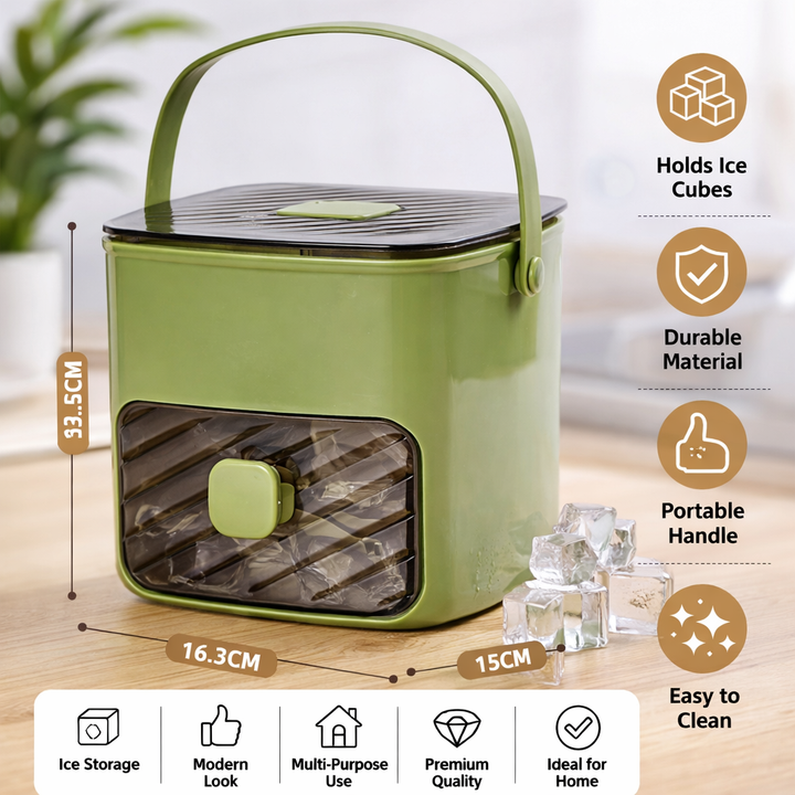 Portable khaki ice maker for home, office, or outdoor parties. Compact countertop appliance for quick drinks.