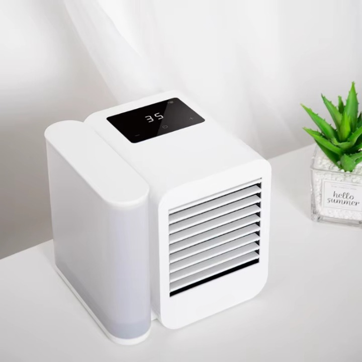 Compact room cooler & air humidifier creating a comfortable breeze in a bedroom, a summer essential.