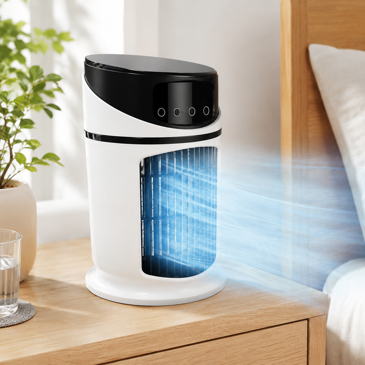Portable mist cooling fan with 7-color LED light for personal comfort.