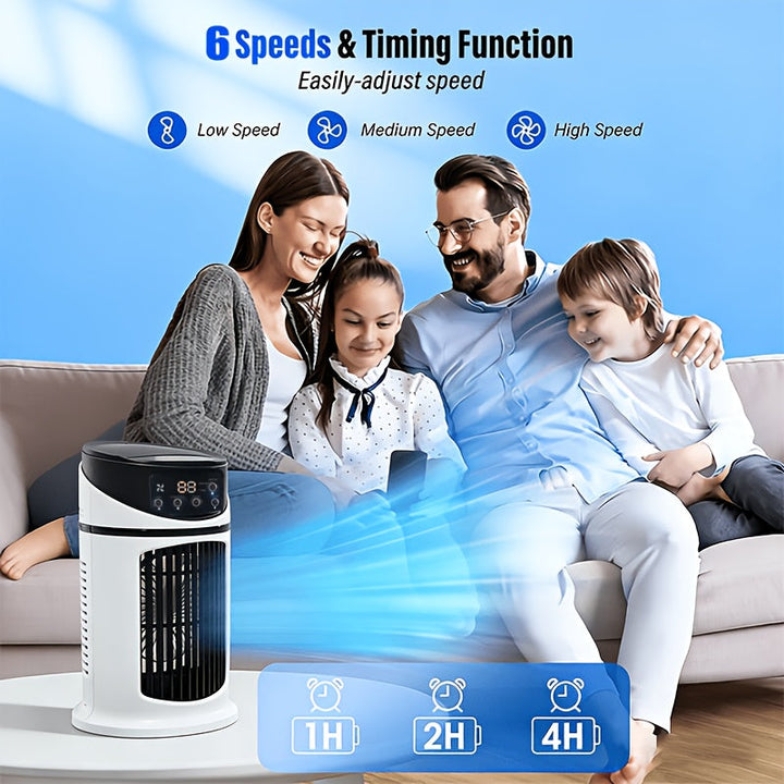 Compact personal humidifier fan with refreshing cooling mist and integrated 7-color LED display.