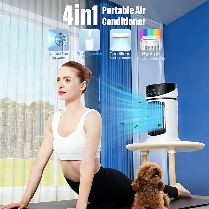 Beat the heat with this portable cooling mist fan, featuring a calming 7-color LED light display.