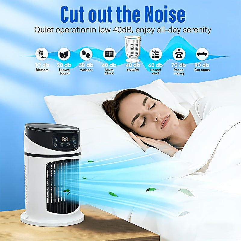 Efficient office desktop misting fan with LED light, providing cool relief and a gentle glow.