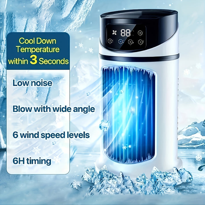 Quiet portable room humidifier & cooling fan with soft 7-color LED night light for relaxation.