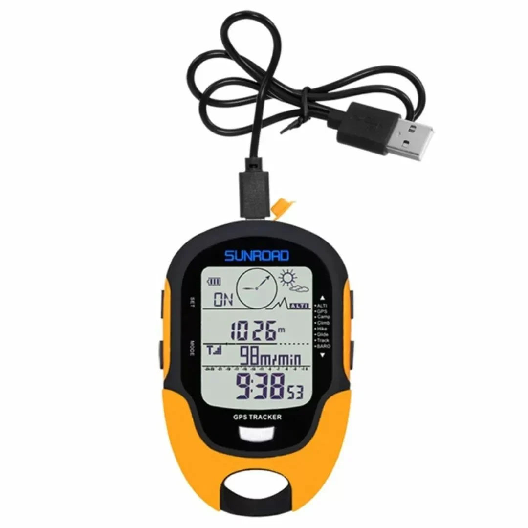 Portable outdoor GPS tracker with SOS function for hiking & camping safety. Essential emergency navigation device.