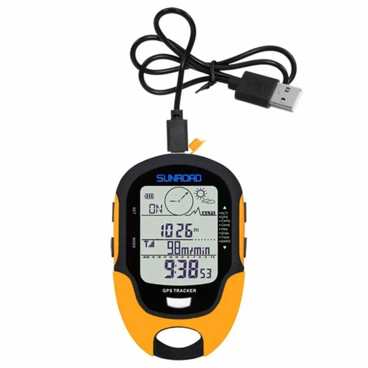 Portable outdoor GPS tracker with SOS function for hiking & camping safety. Essential emergency navigation device.