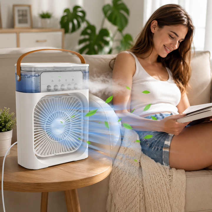 Portable personal air cooler, USB powered for refreshing comfort. Home & office essential.