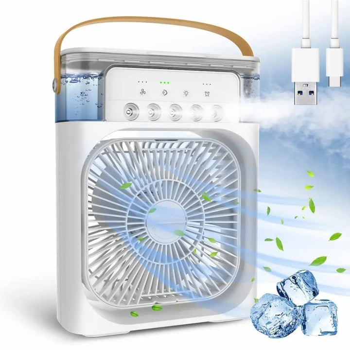 Compact mini air cooler with fan & humidifier, perfect for personal cooling on your desk.