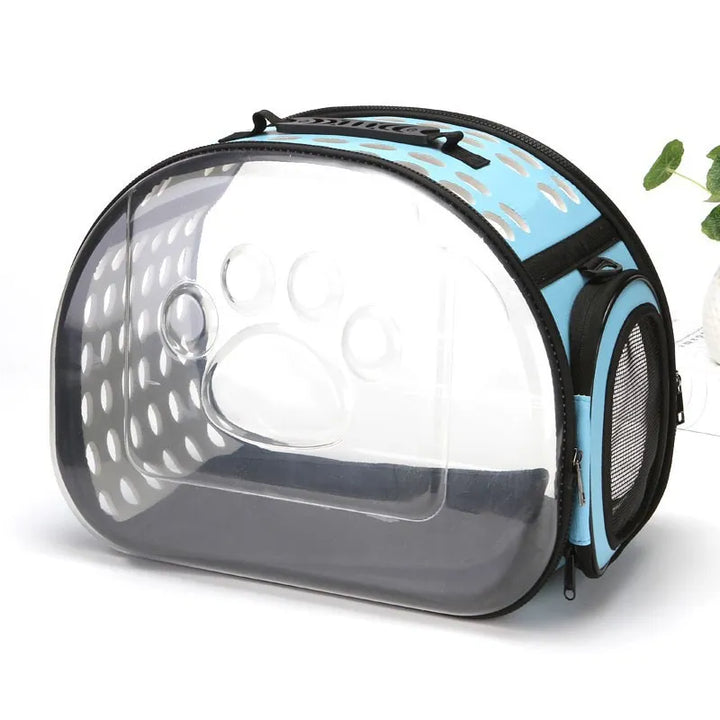 Portable pet transport bag with viewing window, designed for safe and comfortable car travel for pets.