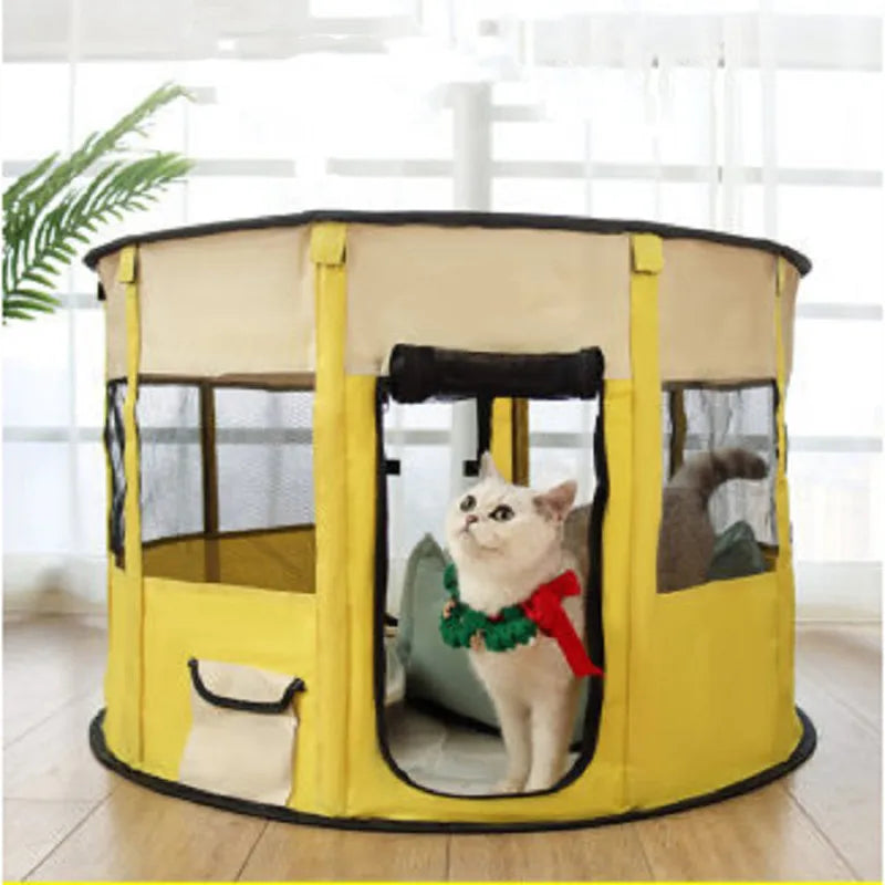 Portable pet foldable tent with carry bag for outdoor travel. Cozy dog retreat & cat bed, easy setup.
