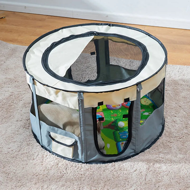 Easy setup foldable pet tent, portable dog house with carry bag. Ideal for indoor/outdoor pet comfort & storage.