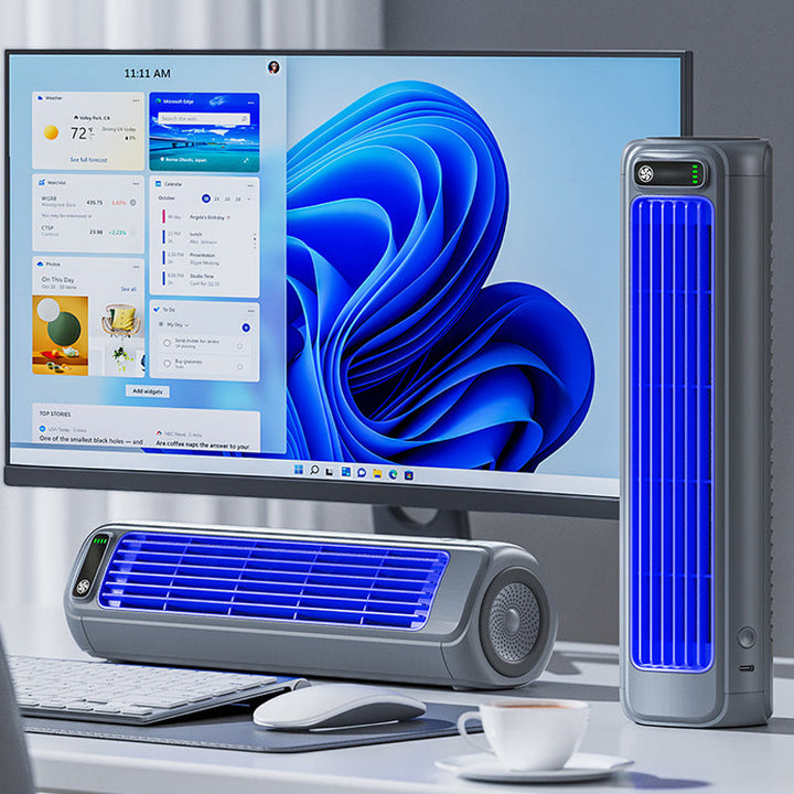 Portable rechargeable air cooler with 2000mAh battery for personal cooling.