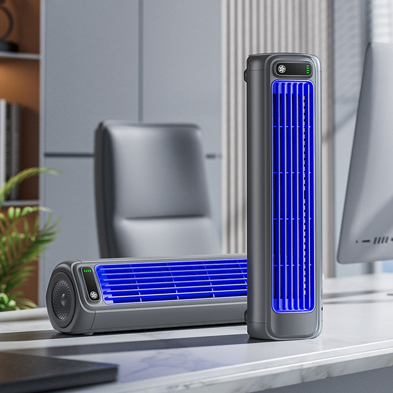 2000mAh rechargeable battery powers this personal portable air cooler, a compact cooling device.