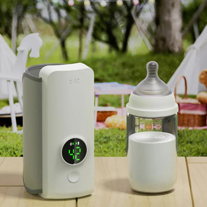 Digital display portable baby bottle warmer, rechargeable for convenient travel and infant care.