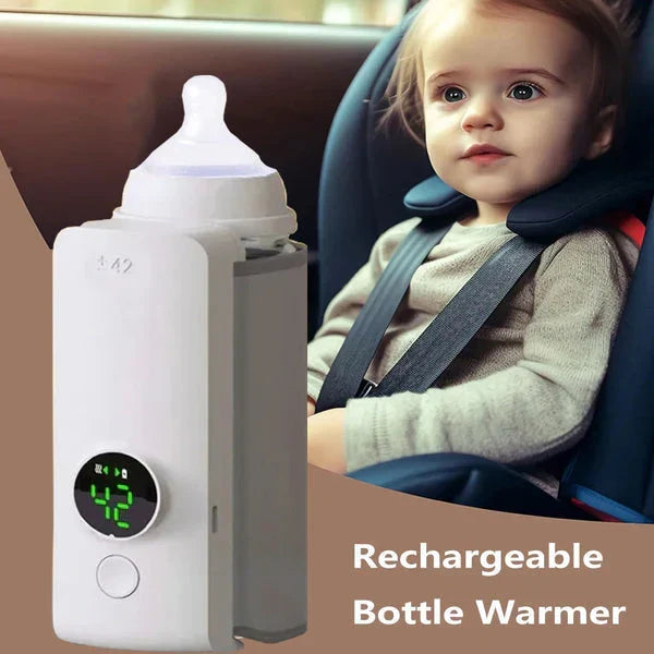 On-the-go rechargeable bottle warmer with clear digital display, perfect for travel baby feeding.
