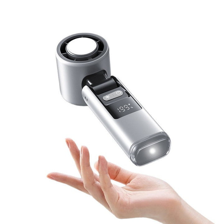 Portable rechargeable handheld fan with digital display, perfect for travel & personal cooling on the go.