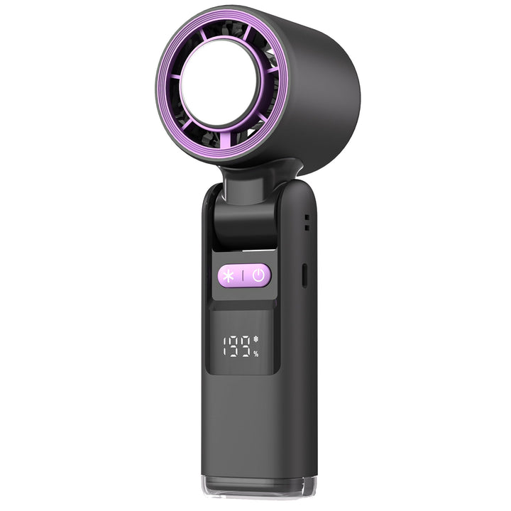 Mini rechargeable fan, handheld or desktop, featuring a clear digital display for speed & battery life. Quiet.