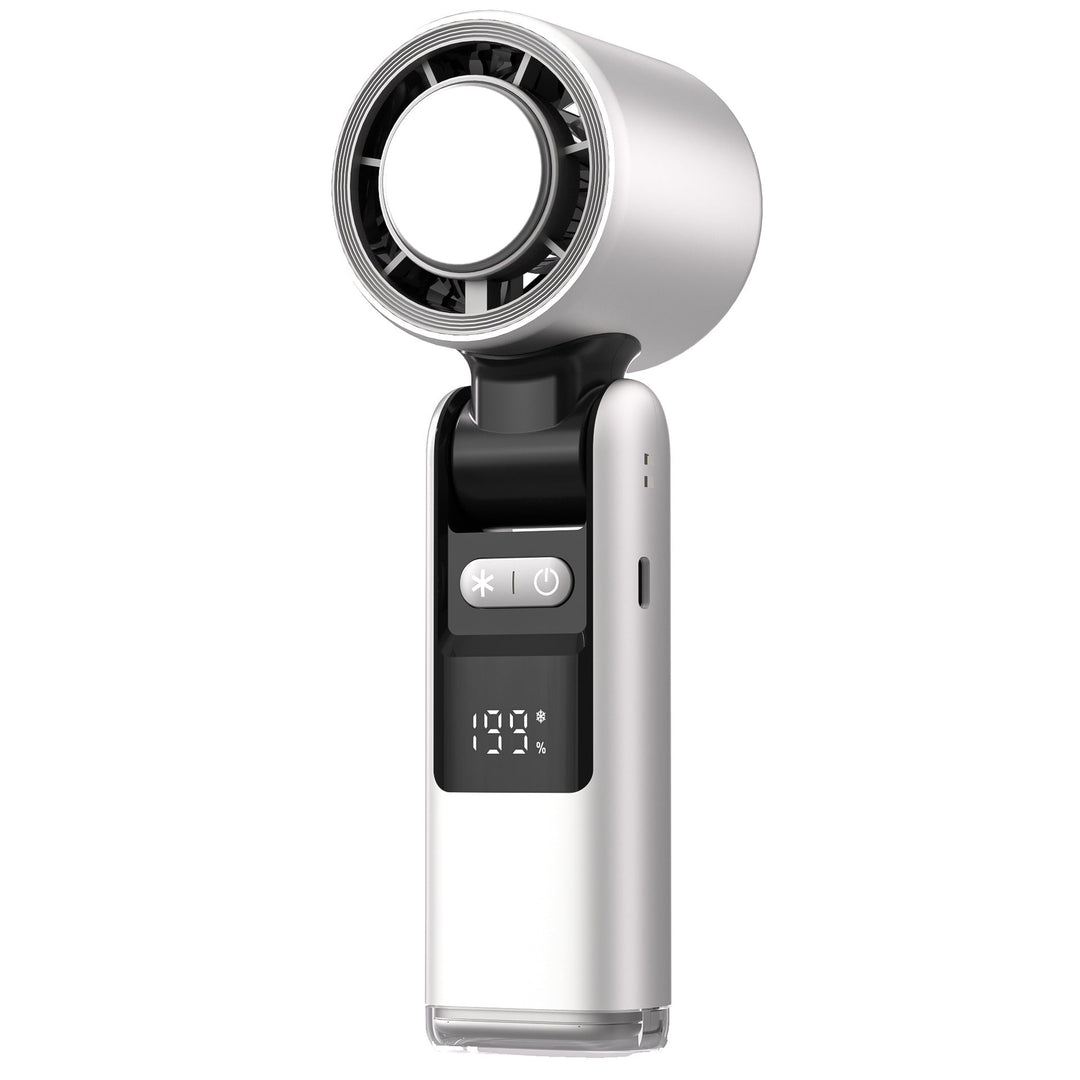 Rechargeable handheld fan with a powerful yet quiet motor & digital display. A travel essential for instant relief.