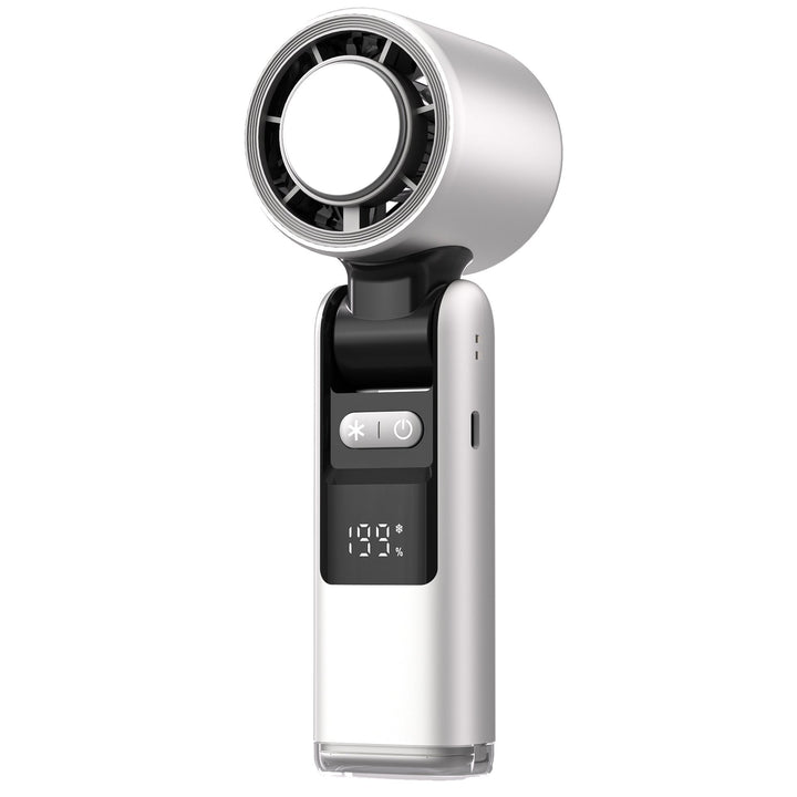 Rechargeable handheld fan with a powerful yet quiet motor & digital display. A travel essential for instant relief.