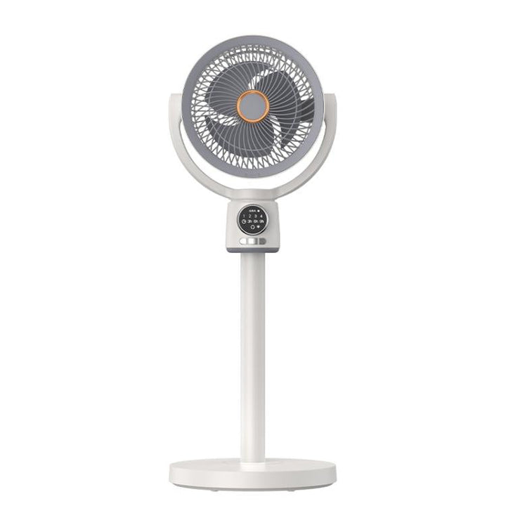 Portable rechargeable pedestal fan with remote control for efficient home cooling.
