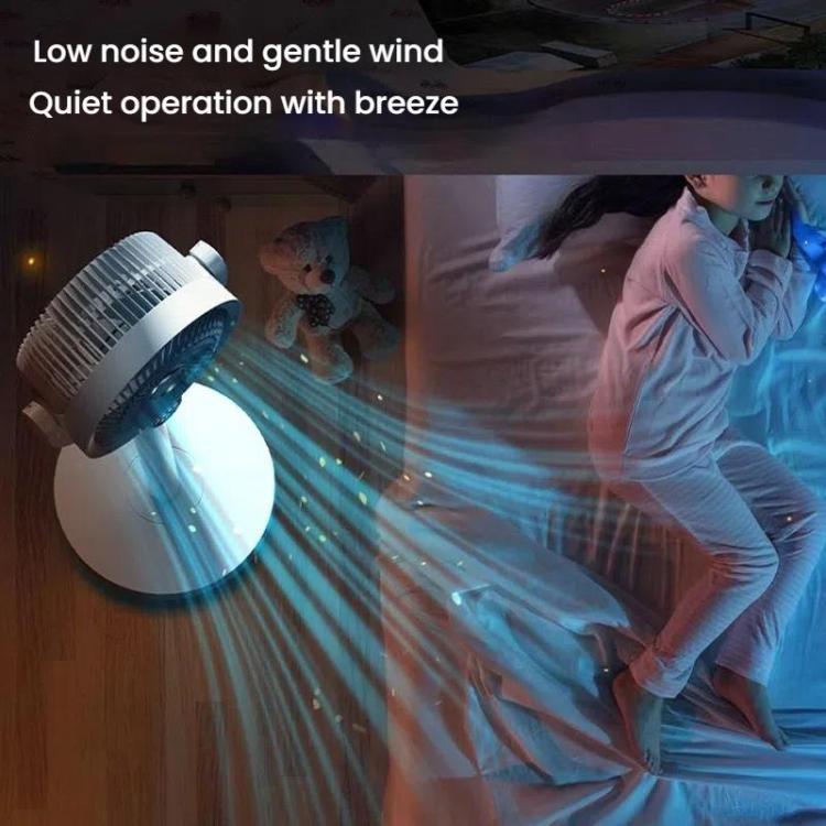 Efficient room fan, portable and rechargeable, with full remote control functionality.
