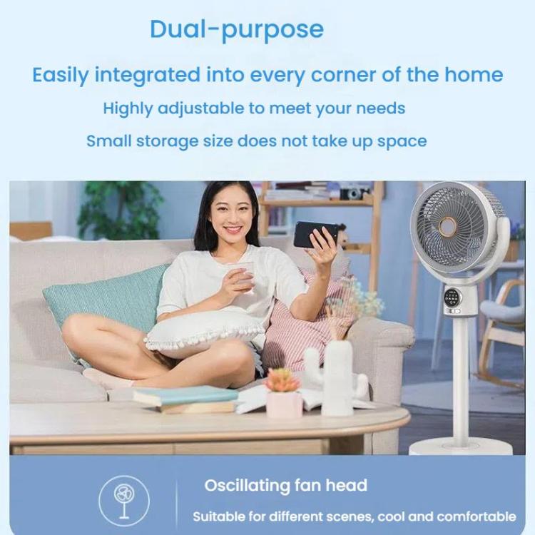 Quiet portable oscillating fan with remote control, perfect for bedroom or living room.