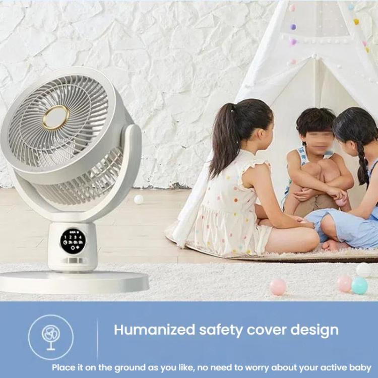 Rechargeable floor fan, adjustable height, providing cool air for indoor spaces.