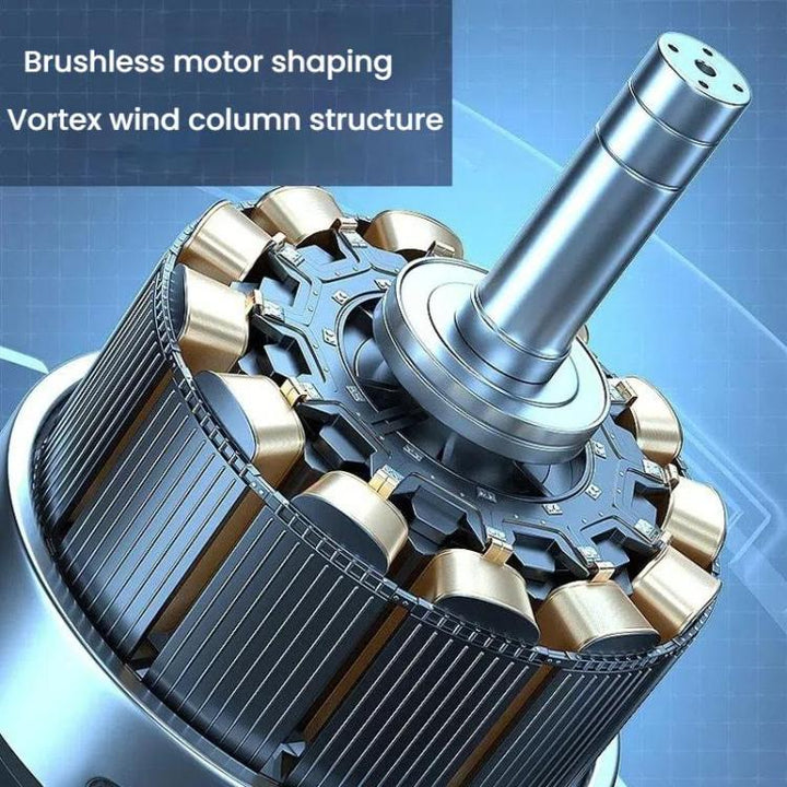 Modern rechargeable fan, sleek design, floor-standing with convenient remote control.
