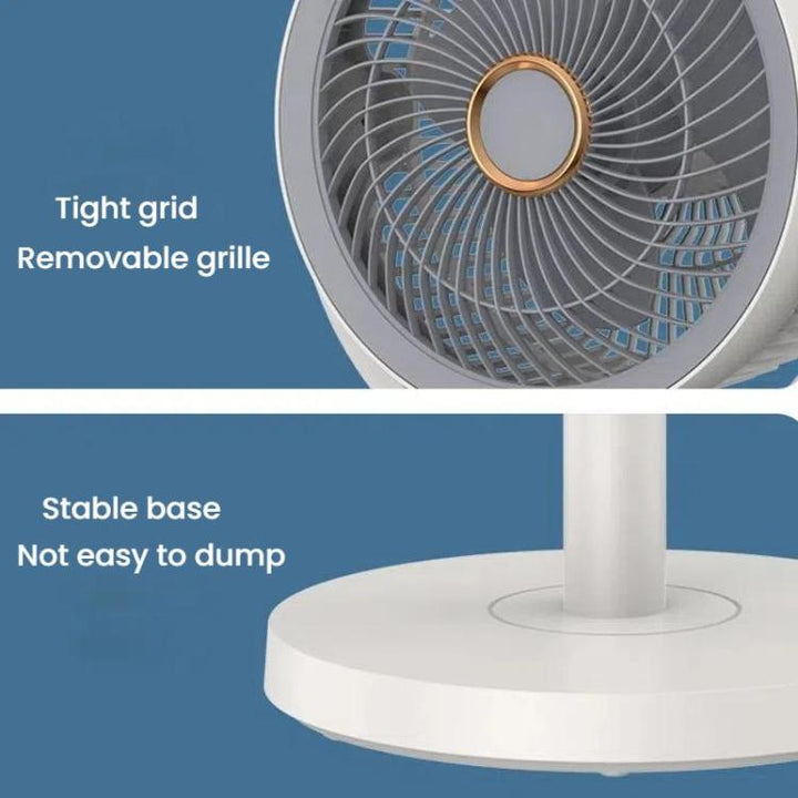 Adjustable portable room fan, battery-operated, with remote for effortless cooling.