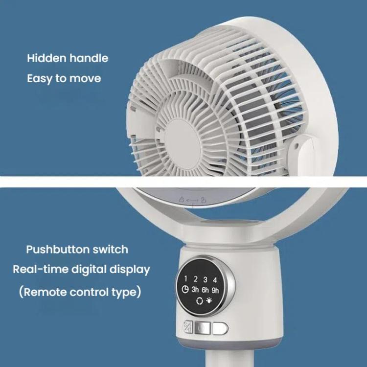 Oscillating pedestal fan, rechargeable and portable, for optimal home air circulation.