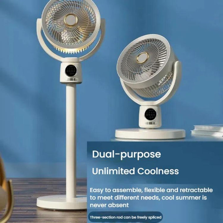 Adjustable floor fan, quiet oscillating design, perfect for any room.