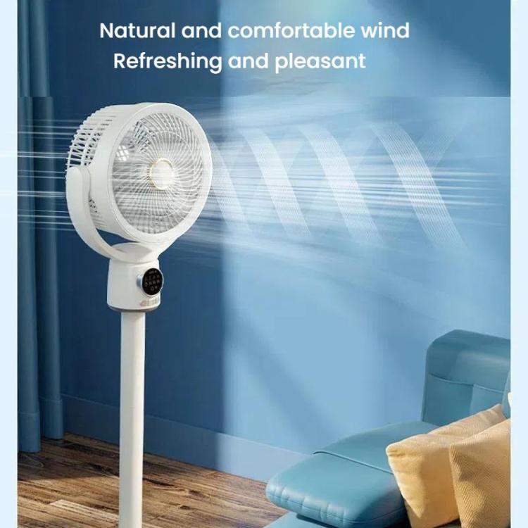 Sleek portable pedestal fan, battery-powered with convenient remote operation.