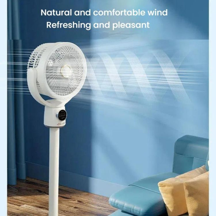 Sleek portable pedestal fan, battery-powered with convenient remote operation.