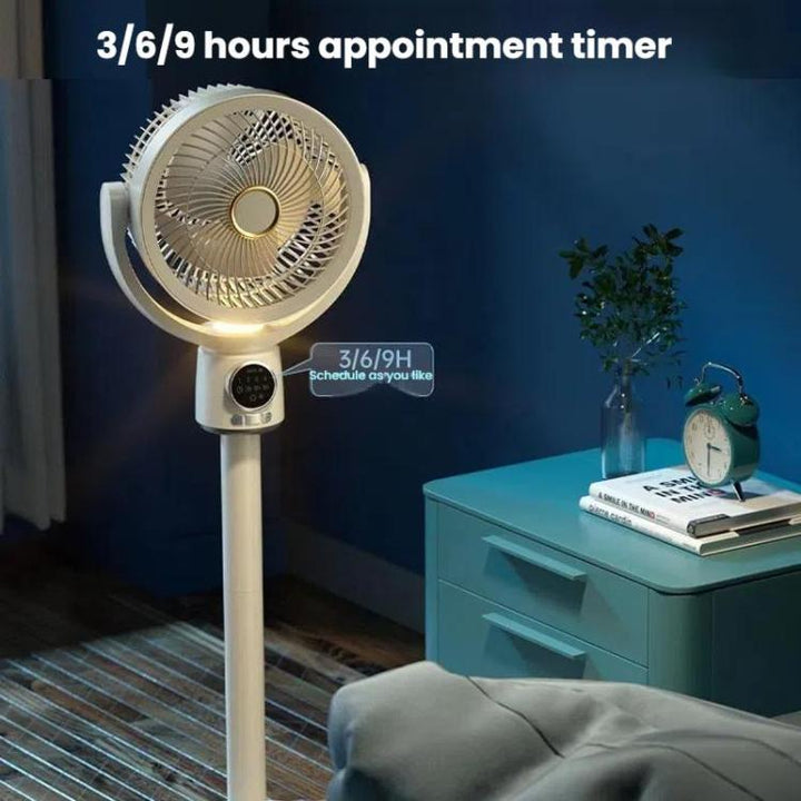 Quiet rechargeable pedestal fan with remote, providing comfortable airflow anywhere.