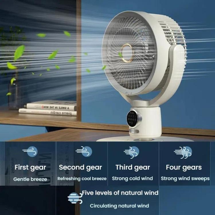 Floor-standing rechargeable fan, designed for quiet operation and easy remote control.