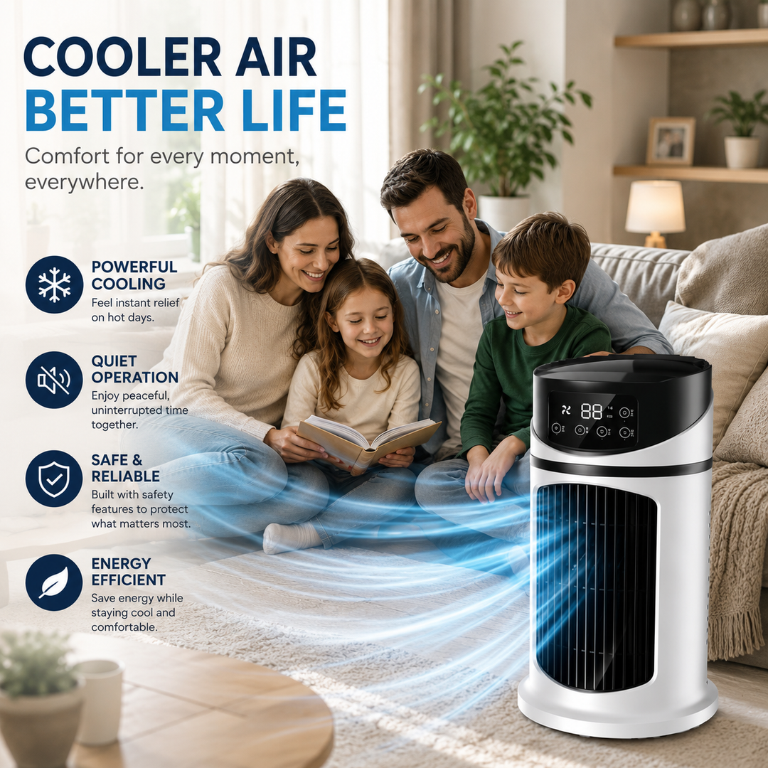 Compact portable AC unit, perfect for personal cooling in bedrooms, offices, or living rooms.