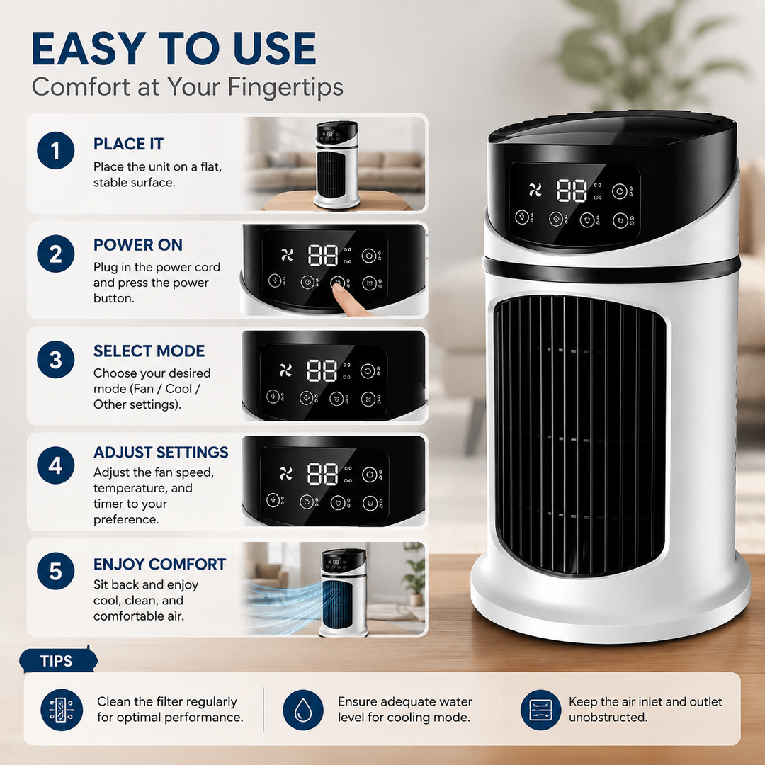 Small space AC: a powerful, compact, energy-efficient personal cooler for any room.