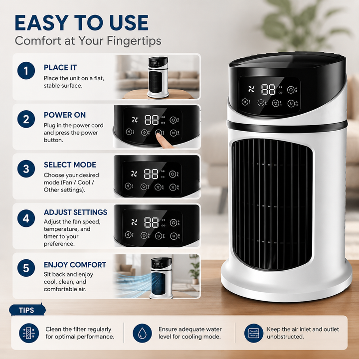 Small space AC: a powerful, compact, energy-efficient personal cooler for any room.