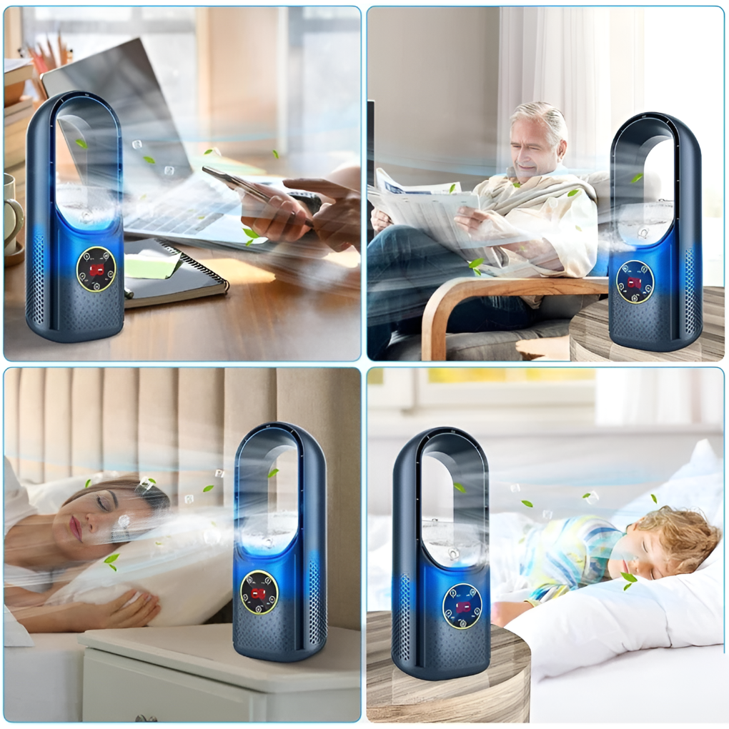 Compact white portable tabletop air cooler, ideal for personal cooling in home office spaces.
