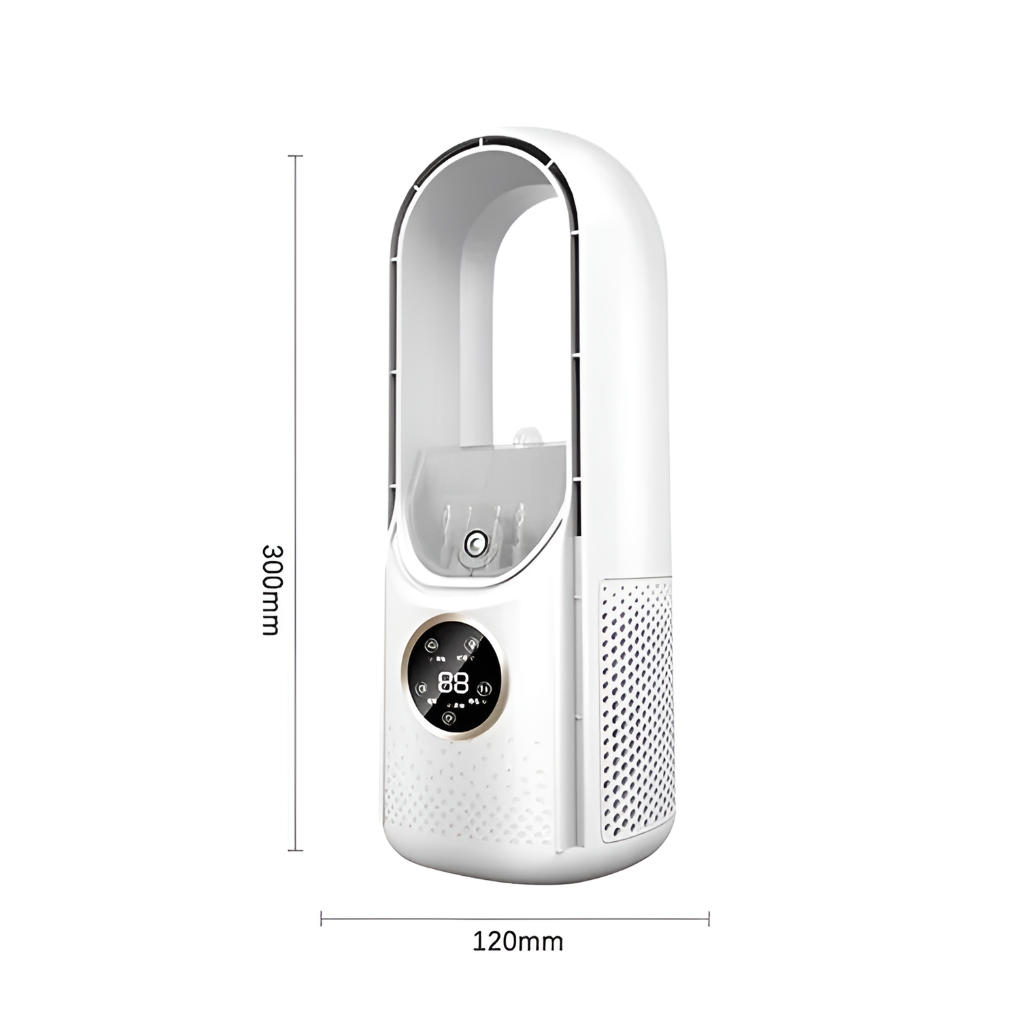 Modern white & blue portable silent fan, offering refreshing air cooling for home office desks.