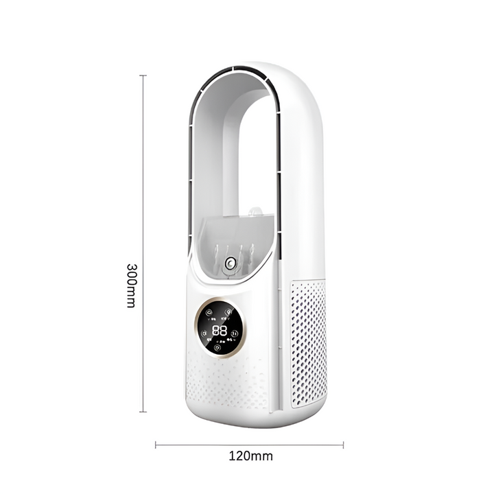 Modern white & blue portable silent fan, offering refreshing air cooling for home office desks.