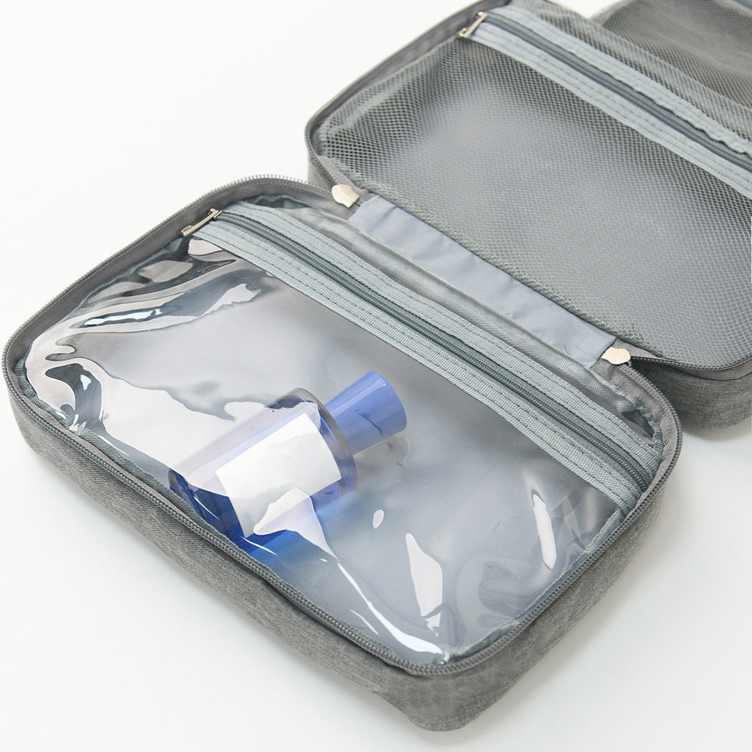 Hanging travel toiletry bag with sturdy hook, ideal for shower or bathroom organization of makeup & travel essentials.