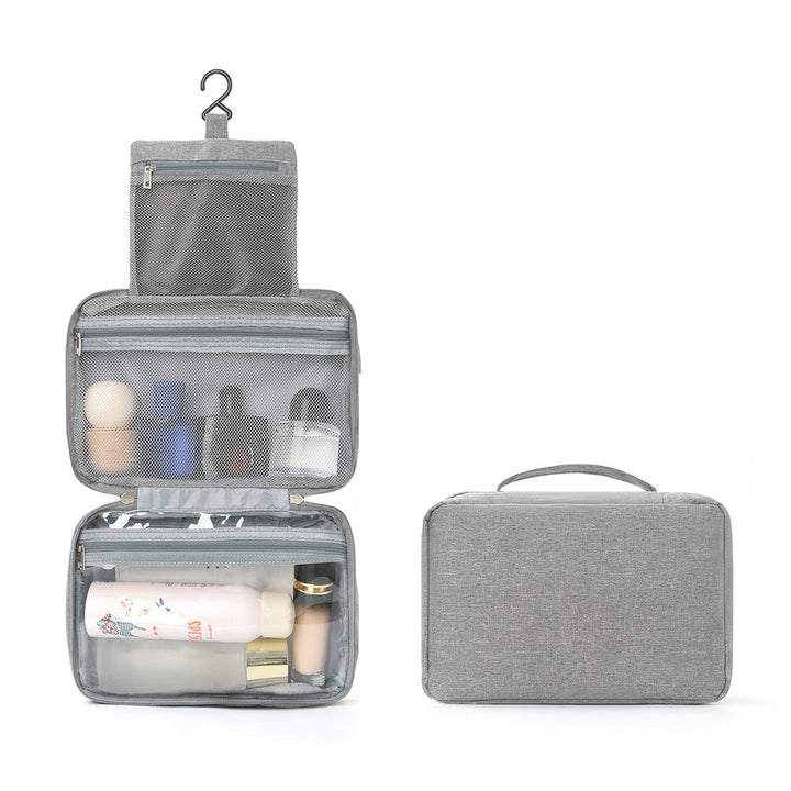 Travel cosmetic organizer with multiple zippered compartments for efficient storage of makeup, skincare, and toiletries.