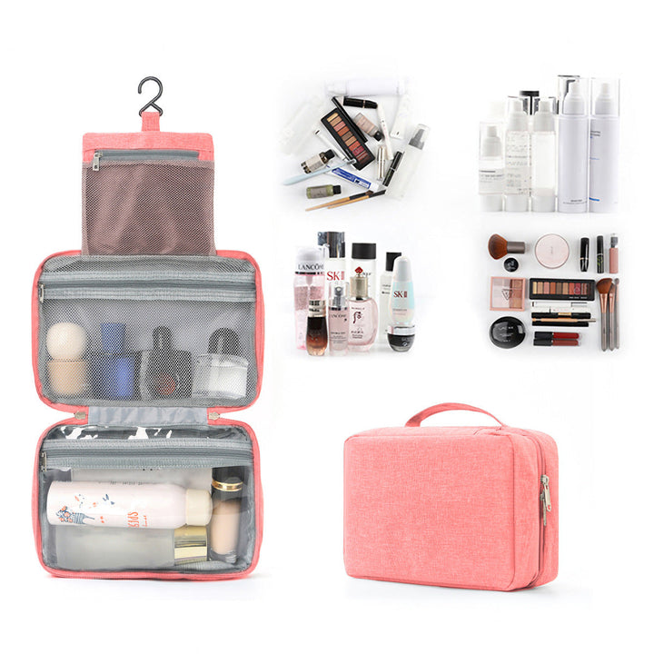 Foldable travel essentials bag for men & women, with hanging hook & pockets for toiletries, shower items & cosmetics.